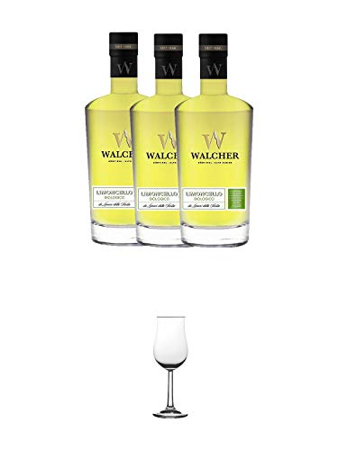 Walcher Bio-Limoncello Edelbrand 25% Südtirol 3 x 0,7 Liter + Nosing Gläser Kelchglas Bugatti mit Eichstrich 2cl und 4cl 1 Stück von 1a Schiefer