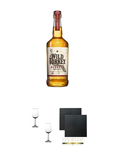 Wild Turkey 81 Proof Bourbon Whiskey 0,7 Liter + Nosing Gläser Kelchglas Bugatti mit Eichstrich 2cl und 4cl - 2 Stück + Schiefer Glasuntersetzer eckig ca. 9,5 cm Ø 2 Stück von 1a Schiefer