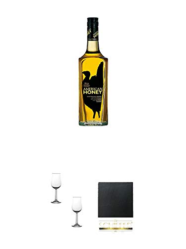 Wild Turkey American Honey Likör 0,7 Liter + Nosing Gläser Kelchglas Bugatti mit Eichstrich 2cl und 4cl - 2 Stück + Schiefer Glasuntersetzer eckig ca. 9,5 cm Durchmesser von 1a Schiefer