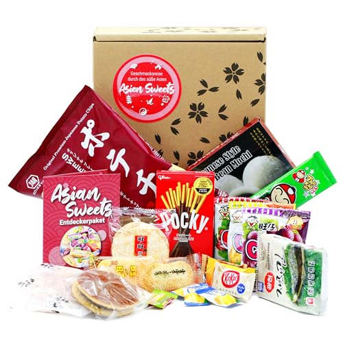 1mal1japan Asian Sweets Box – Entdeckerpaket mit 14 verschiedenen Süßigkeiten & Snacks aus Japan & Asien | 19 Teile inkl. Beschreibung | mit Pocky, KitKat, Big Roll, … | Geschenkbox von 1mal1japan
