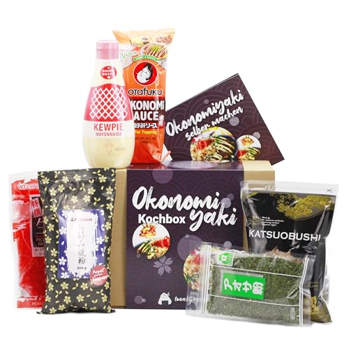 Okonomiyaki Kochset für japanische Pfannkuchen (für 6 Portionen, 6-teiliges Set, inkl. Anleitung), Geschenkidee | Bestehend aus: Okonomiyaki-Ko, Bonito, Ingwer, Aonori, Okonomi Sauce und Mayonnaise von 1mal1japan