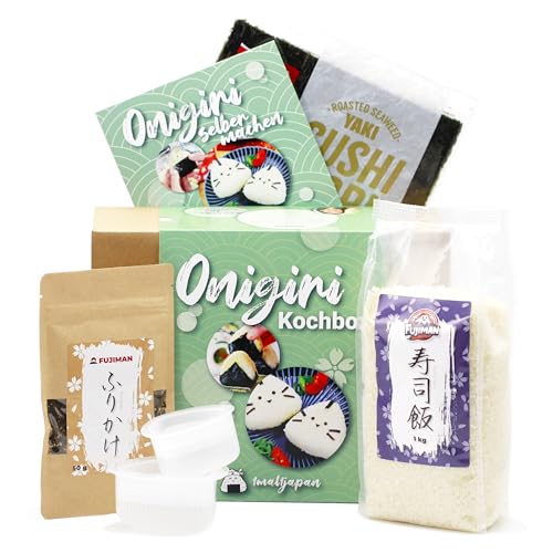 Onigiri Kochset für japanische Reisdreiecke – für 18 Reisbällchen, 5-teilige DIY Onigiri Box, inkl. 3 Rezeptideen, vegan, Geschenkidee für Anime Fan von 1mal1japan