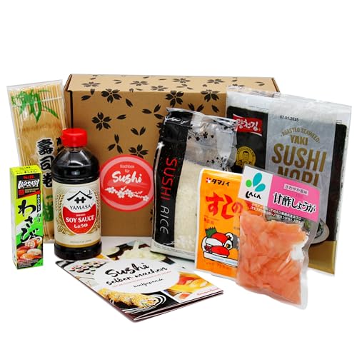 Sushi Kochset, 8-teilige DIY Sushi Box für 5 leckere Rezepte: Maki, Nigiri, Inside Out u.v.m., mit Sushi Kochbuch + Bambusmatte, inkl. Sushi Reis, Nori Algen, Sojasauce & Wasabi von 1mal1japan