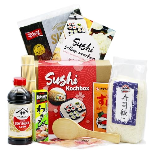 Sushi Kochset, 8-teilige DIY Sushi Box für 5 leckere Rezepte: Maki, Nigiri, Inside Out u.v.m., mit Sushi Kochbuch + Bambusmatte, inkl. Sushi Reis, Nori Algen, Sojasauce & Wasabi von 1mal1japan