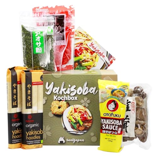 Yakisoba Kochset für japanische Bratnudeln (6-teilige Kochbox, inkl. Anleitung), Geschenkidee | Bestehend aus: Ramen Nudeln, Shiitake Pize, Aonori, Yakisoba Sauce, Beni Shoga Ingwer von 1mal1japan