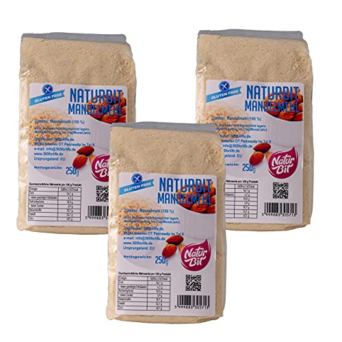 Glutenfreies Mandelmehl naturbelassen, nicht entölt, blanchiert 3 x 250 g Sparpaket | 750 g von 365forlife