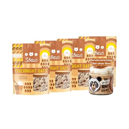 3Bears Overnight Oats - Typ Eiskaffee, 4x400g vegane Porridgemischung mit Vollkorn-Haferflocken, Aprikosen und Kaffee-Extrakt, vegan, ohne Zusatzstoffe & Industriezucker, nach eigener Rezeptur von 3Bears
