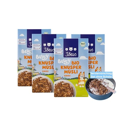 3Bears Bluey Bio Knuspermüsli – Kakao | 4x325 g veganes Müsli für Kinder mit Hafer-Vollkornflocken & Kakao | Ohne Zusatzstoffe und mit der Süße aus Fruchtzutaten von 3Bears