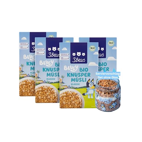 3Bears Bluey Bio Knuspermüsli – Klassik | 4x325 g veganes Vollkornmüsli für Kinder mit Haferflocken, gepufftem Reis & Zimt | Ohne Zusatzstoffe und mit der Süße aus Fruchtzutaten von 3Bears