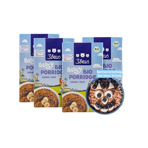 3Bears Bluey Bio Porridge – Kakao-Zimt | 4x400 g veganes Porridge für Kinder mit Hafer-Vollkornflocken, Kakao & Zimt | Ohne Zusatzstoffe und mit der Süße aus Fruchtzutaten von 3Bears