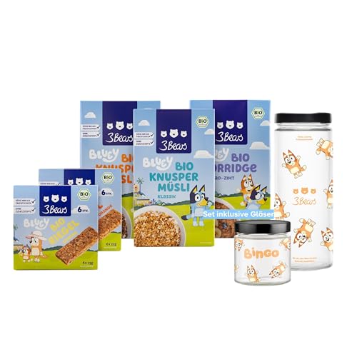 3Bears Bluey Lover-Set - Bingo Edition| Bio Knuspermüsli, Porridge, Müsliriegel, Vorratsglas & Overnight Oats Glas | Veganes Frühstücksset | Ohne Zusatzstoffe von 3Bears