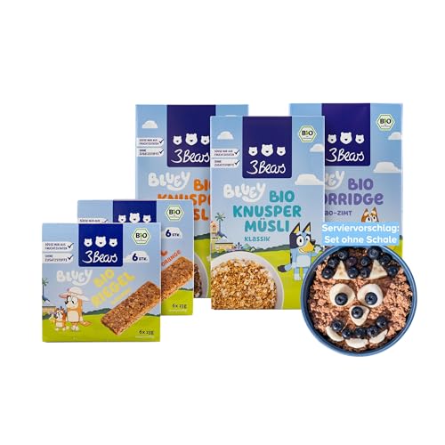 3Bears Bluey Set | Bio Knuspermüsli, Porridge & Müsliriegel | Vegane Frühstücksprodukte für Kinder | Ohne Zusatzstoffe | Süße nur aus Fruchtzutaten von 3Bears