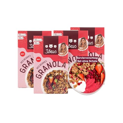 3Bears Granola – Red Berries | Knuspriges & veganes Granola mit Erdbeeren und Johannisbeeren, 4x325g | Ohne Industriezucker | In Kooperation mit Sarah Harrison von 3Bears