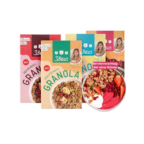 3Bears Granola Set | 4 knusprige & vegane Granolas mit Erdnüssen, Kakao, Mandeln, Haselnüssen, Erdbeeren, Johannisbeeren, Kokos, Zimt, 4x325g | Ohne Industriezucker | In Kooperation mit Sarah Harrison von 3Bears