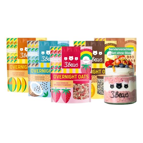 3Bears Overnight Oats Set, 5x400g vegane Porridgemischung mit Vollkorn-Haferflocken, Sorten Erdbeere, Mango, Koko Kakao, Eiskaffee und Bananen Split, vegan, ohne Zusatzstoffe & Industriezucker von 3Bears
