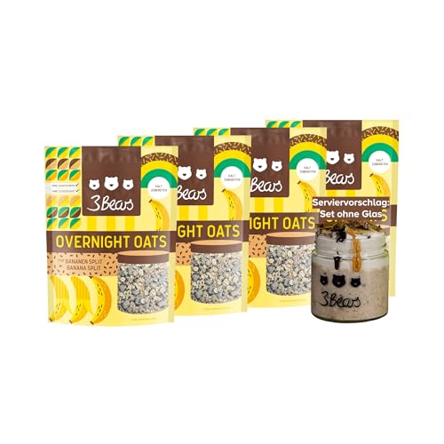 3Bears Overnight Oats Bananen-Split I 4x400g vegane Porridge Portionsbeutel mit Vollkorn-Haferflocken I Gesundes Frühstück, über Nacht im Kühlschrank I Frühstücksbrei ohne Zucker, nach eigenem Rezept von 3Bears