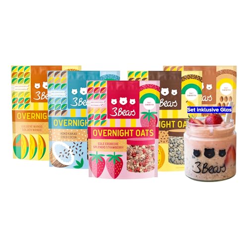 3Bears Overnight Oats Lover-Set inkl. Glas, 5x400g vegane Porridgemischung mit Vollkorn-Haferflocken, Sorten Erdbeere, Mango, Koko Kakao, Eiskaffee und Bananen Split, vegan, ohne Zusatzstoffe von 3Bears