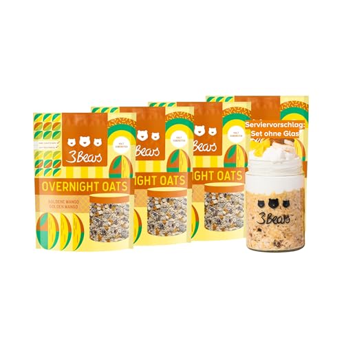 3Bears Overnight Oats Goldene Mango I 4x400g vegane Porridge Portionsbeutel mit Vollkorn-Haferflocken I Gesundes Frühstück, über Nacht im Kühlschrank I Frühstücksbrei ohne Zucker, nach eigenem Rezept von 3Bears