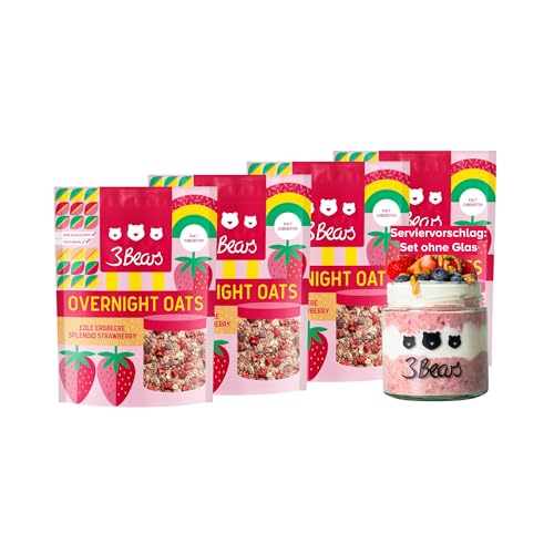 3Bears Overnight Oats - Edle Erdbeere, 4x400g vegane Porridgemischung mit Vollkorn-Haferflocken und Erdbeeren, vegan, ohne Zusatzstoffe & Industriezucker, nach eigener Rezeptur von 3Bears