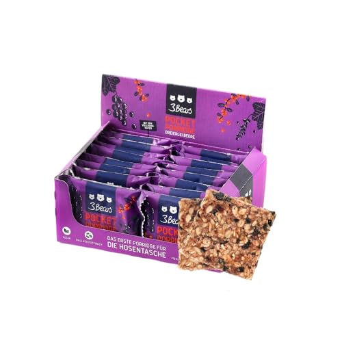 3Bears Pocket Porridge Dreierlei Beere 16 x 55g I Veganer Haferriegel To-Go I Haferflockenriegel für ein gesundes, kalorienarmes Frühstück | Leckerer Powerbar mit 36% Hafer & 205 kcal pro Portion von 3Bears