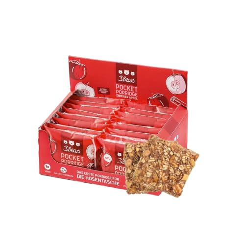 3Bears Pocket Porridge Haferriegel - Zimtiger Apfel | 16 x 55 g vegane Müsliriegel mit aromatischem Apfel-Zimt-Geschmack und 39% Vollkorn-Haferflocken I als ballaststoffreicher Snack To-Go von 3Bears