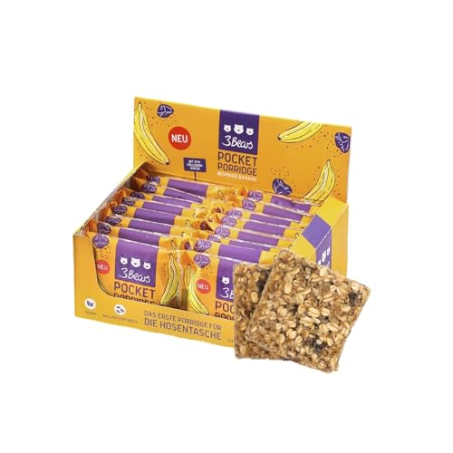 3Bears Pocket Porridge Mohnige Banane 16 x 55g I Veganer Haferriegel To-Go I Haferflockenriegel für ein gesundes, kalorienarmes Frühstück | Leckerer Powerbar mit 36% Hafer & 214 kcal pro Portion von 3Bears