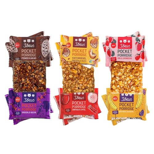 3Bears Pocket Porridge Haferriegel Probier-Set I 12 x 55 g vegane Müsliriegel in den Sorten Dreierlei Nuss, Feiner Kakao, Zimtiger Apfel, Dreierlei Beere, Edle Erdbeere & Mohnige Banane von 3Bears