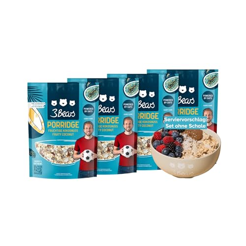 3Bears Porridge Kokos I 4x400g vegane Porridge Portionsbeutel mit Vollkorn-Haferflocken I Kokos Porridge ohne Zucker & nach eigenem Rezept I auch als Oatmeal, Frühstücksbrei oder Overnight Oats von 3Bears