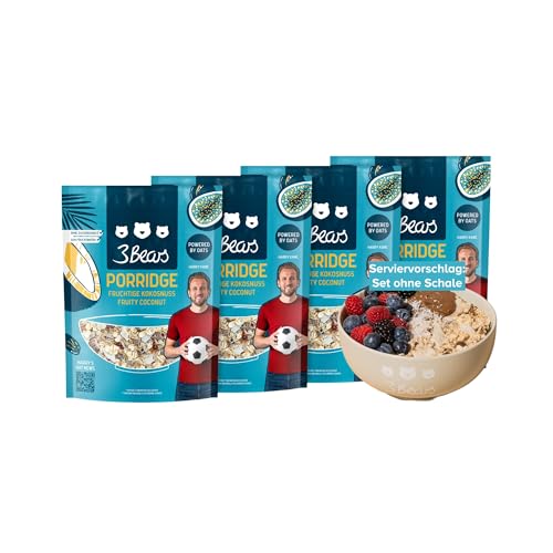 3Bears Porridge - Fruchtige Kokos I 4x400g veganes Porridge mit Vollkorn-Haferflocken I Mit rein natürlicher Süße und ohne Zusatzstoffe I auch als Oatmeal, Frühstücksbrei oder Overnight Oats von 3Bears