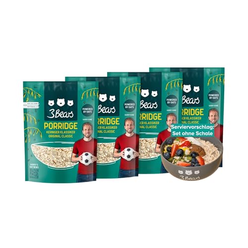 3Bears Porridge „Kerniger Klassiker“ I 4x400g vegane Porridge Portionsbeutel mit Vollkorn-Haferflocken I ohne Zucker & nach eigenem Rezept I auch als Oatmeal, Frühstücksbrei oder Overnight Oats von 3Bears