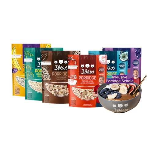 3Bears Porridge Lover-Set inkl. Schale in Anthrazit I 6x400g Porridges: Feiner Kakao, Zimtiger Apfel, Mohnige Banane, Fruchtige Kokosnuss, Dreierlei Beere & Kerniger Klassiker | Rein natürliche Süße von 3Bears