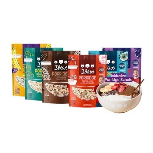3Bears Porridge Lover-Set inkl. Schale in Sand I 6x400g Porridges: Feiner Kakao, Zimtiger Apfel, Mohnige Banane, Fruchtige Kokosnuss, Dreierlei Beere & Kerniger Klassiker | Rein natürliche Süße von 3Bears