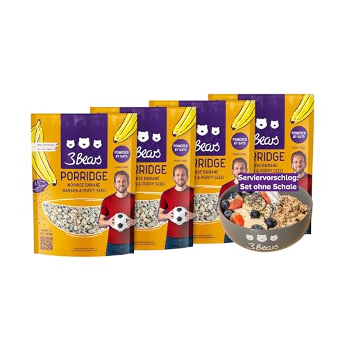 3Bears Porridge - Mohnige Banane I 4x400g veganes Porridge mit Vollkorn-Haferflocken I Mit rein natürlicher Süße und ohne Zusatzstoffe I auch als Oatmeal, Frühstücksbrei oder Overnight Oats von 3Bears