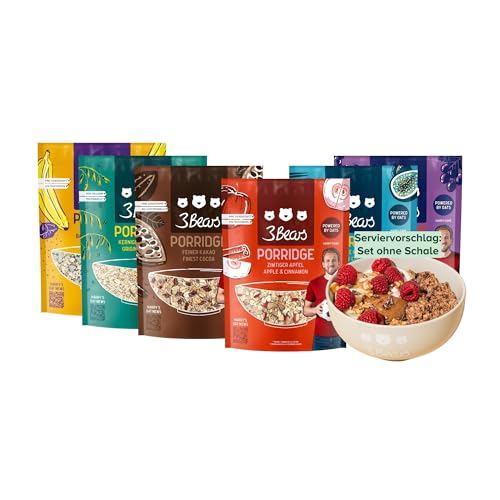 3Bears Porridge Set I 6x400g vegane Portionsbeutel mit Feiner Kakao, Zimtiger Apfel, Mohnige Banane, Fruchtige Kokosnuss, Dreierlei Beere & Kerniger Klassiker | Mit rein natürlicher Süße von 3Bears