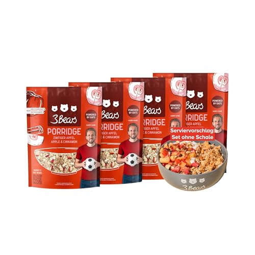 3Bears Porridge - Zimtiger Apfel I 4x400g veganes Porridge mit Vollkorn-Haferflocken I Mit rein natürlicher Süße und ohne Zusatzstoffe I auch als Oatmeal, Frühstücksbrei oder Overnight Oats von 3Bears