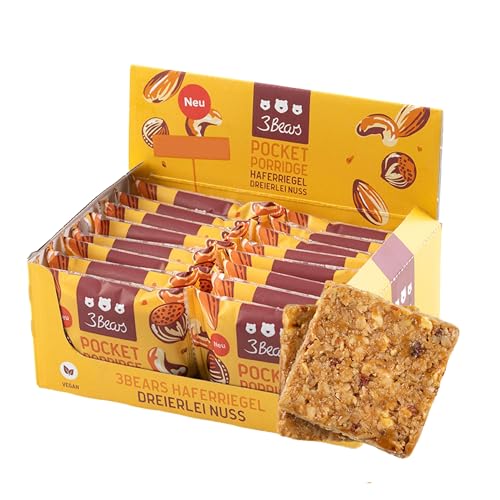 3Bears Pocket Porridge Haferriegel - Dreierlei Nuss I 16 x 55 g vegane Müsliriegel mit köstlichem Nuss-Geschmack und 26% Vollkorn-Haferflocken I als ballaststoffreicher Snack To-Go von 3Bears