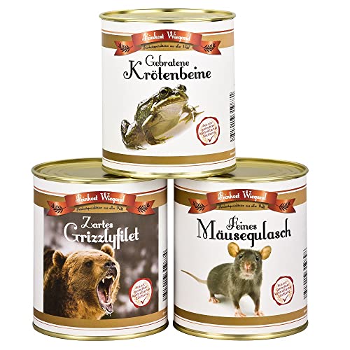 4you Design 3-er Set Mäusegulasch, Grizzlyfilet, Krötenbeine Feines aus der Dose – Gummibärchen, Frösche & weiße Mäuse Schaumgummi in Original Feinkostdose – Lustige Geschenkidee für Sie & Ihn 3x175g von 4youDesign