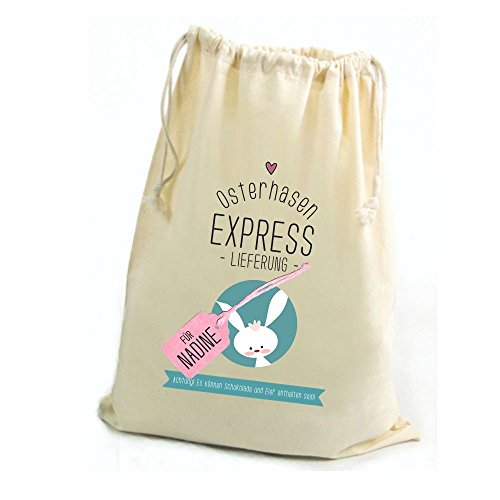 Zuziehbeutel • Osterhasen Express-Lieferung - Achtung! Es können Schokolade und Eier enthalten sein • natur Personalisiert Geschenkbeutel Hase Ostern von 4youDesign