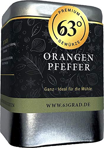 63 Grad - Orangenpfeffer - Ganz für die Mühle mit Orangenschale und Meersalz (60g) von 63 Grad