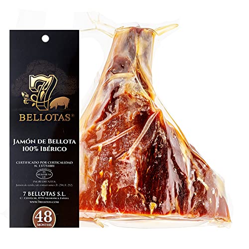 7 BELLOTAS Iberischer Eichel-Schinken | JAMON 100% IBERICO Feldköderschinken Bellota PATA NEGRA | Spanischer Schinken Guijuelo 48 Monate (Ohne Knochen +1,0KG) von 7 BELLOTAS