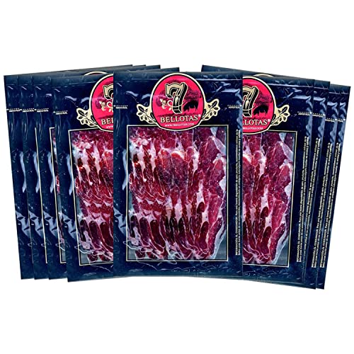 7 BELLOTAS Iberischer Eichel-Schinken | JAMON 100% IBERICO Rasse Bellota PATA NEGRA | Spanischer Schinken Guijuelo 48 Monate (Geschnitten 10X100G) von 7 BELLOTAS