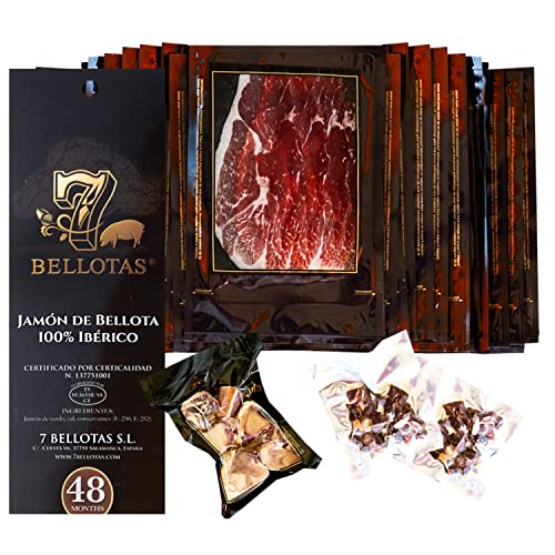 7 BELLOTAS Iberischer Eichel-Schinken | JAMON 100% IBERICO Rasse Bellota PATA NEGRA | Spanischer Schinken Guijuelo 48 Monate (Geschnitten 30X100G) von 7 BELLOTAS