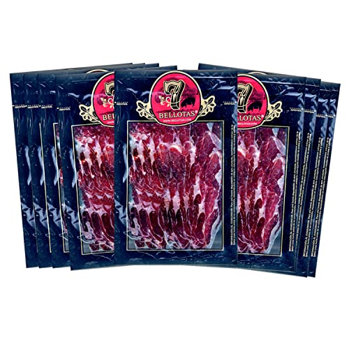 7 BELLOTAS 100% IBERICO PATA NEGRA Feldköderschulter | Iberischer Eichel Schinken-Schulter (Vorderschinken) PATA NEGRA Guijuelo Reifezeit 26 Monate (In scheiben geschnitten 10X100G) von 7 BELLOTAS