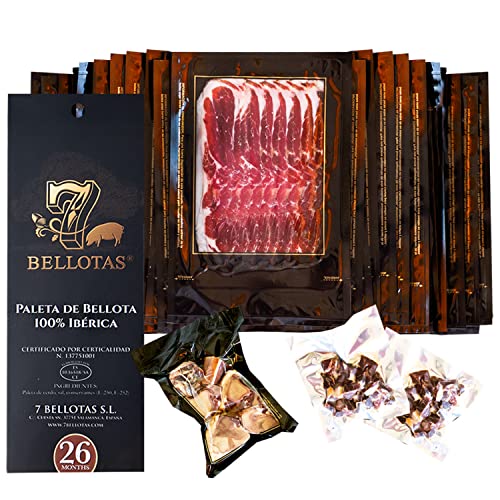 7 BELLOTAS 100% IBERICO PATA NEGRA Feldköderschulter | Iberischer Eichel Schinken-Schulter (Vorderschinken) PATA NEGRA Bellota Reifezeit 26 Monate (In Scheiben geschnitten 20X100G+tacos) von 7 BELLOTAS