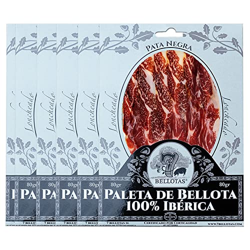 7 BELLOTAS 100% IBERICO PATA NEGRA Feldköderschulter | Iberischer Eichel Schinken-Schulter (Vorderschinken) PATA NEGRA Guijuelo Reifezeit 26 Monate (In Scheiben geschnitten 6X80G) von 7 BELLOTAS