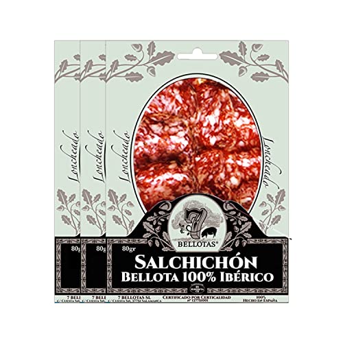 7 BELLOTAS Iberischer Schweine-Salami | Salchichon 100% Ibérico Rasse Bellota Pata Negra | Salamiwurst vom Iberischen Eichelschwein (Geschnitten 3X80G) von 7 BELLOTAS