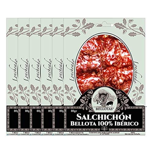 7 BELLOTAS Iberischer Schweine-Salami | Salchichon 100% Ibérico Rasse Bellota Pata Negra | Salamiwurst vom Iberischen Eichelschwein (Geschnitten 6X80G) von 7 BELLOTAS
