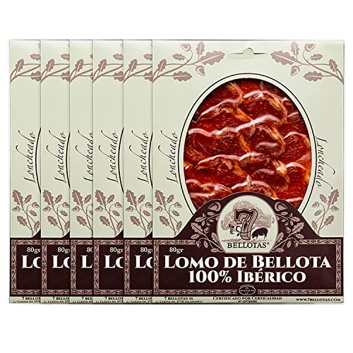 7 BELLOTAS-Lende 100% Iberischer Rasse | Eichel-Luftgetrocknete PATA NEGRA Schweinelende | Spanischer LOMO Iberico BELLOTA Wurst (Geschnitten 6X80G) von 7 BELLOTAS