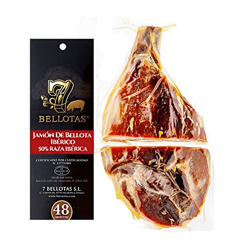 7 BELLOTAS Iberischer Eichel-Schinken | JAMON Bellota 50% IBERICO Feldköderschinken PATA NEGRA | Spanischer Schinken Iberico bellota 48 Monate (Ohne Knochen + 1,0 Kg.) von 7 BELLOTAS