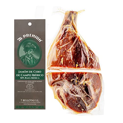 7B PREMIUM 50% Iberische Rasse Schinken | Spanischer Schinken Feldköderschinken | JAMON Pata Negra 36 Monate (Ohne Knochen + 3,2KG) von 7 BELLOTAS
